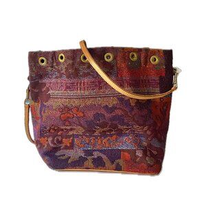 Vintage Inspired Tapestry & Leather Bucket Bag Detachable Crossbody Strap EUC